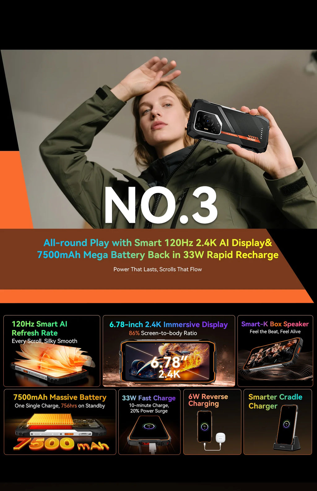 Blackview OSCAL PILOT 3 5G mobile phones AI Rugged Smartphone MTK 6300, 6.78" 2.4K Display 120Hz, 12GB 256GB, 7500Amh Phones