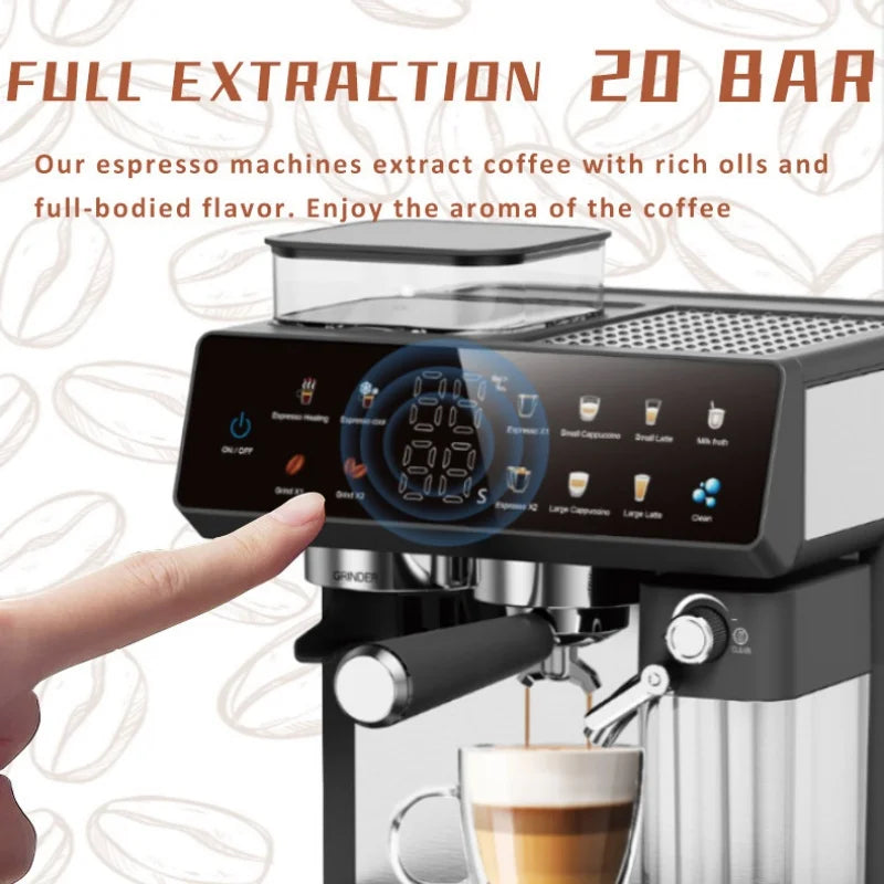Black 20 bar espresso machine with built-in grinder, touch display, and integrated milk frother for home coffee.