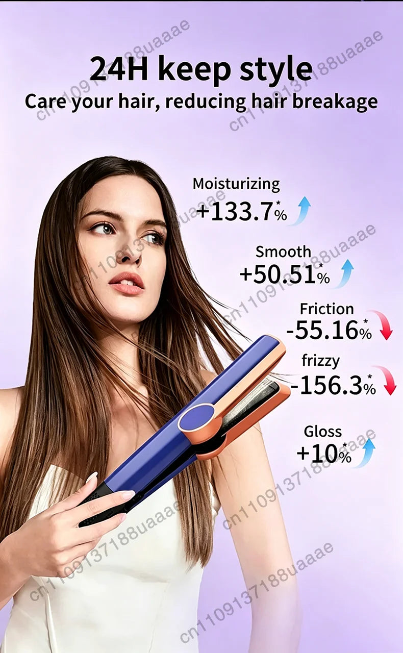 Blue and copper 2-in-1 negative ion hair dryer and straightener for professional styling and frizz reduction.