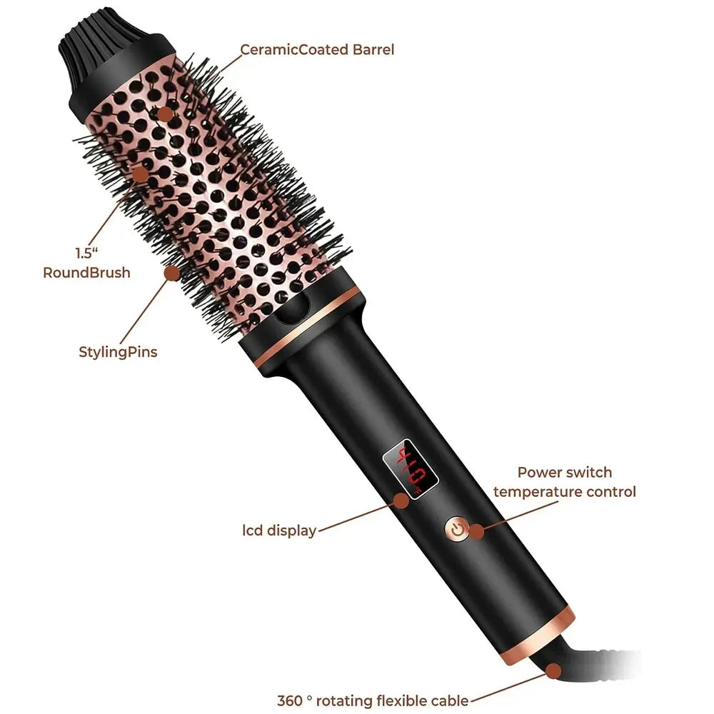 3-in-1 ionic thermal hair styling brush with 1.5” rose gold ceramic barrel, LCD temp display, and rotating cord.