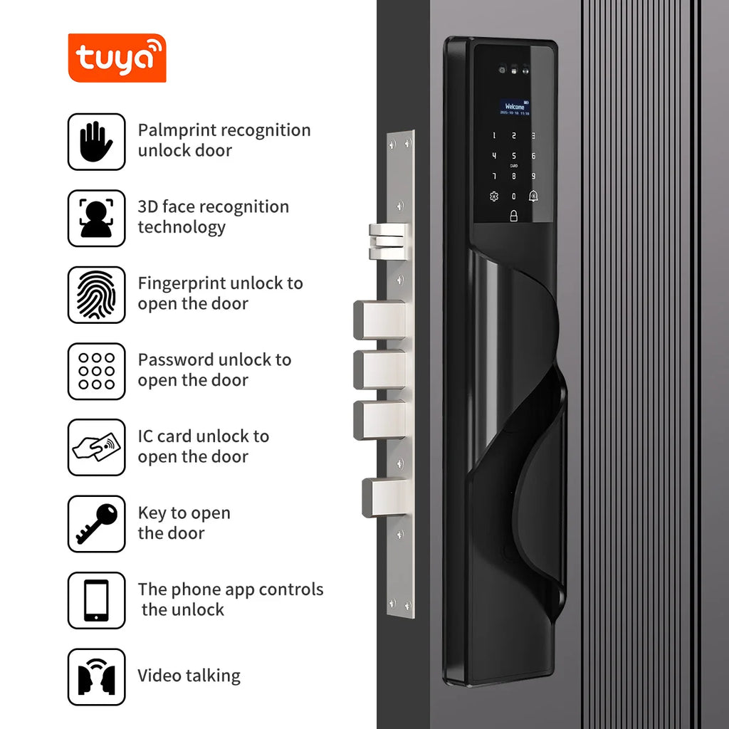 Waterproof Smart Door Lock with Camera Video Monitoring Intercom Palm Vein 3D Face Recognition Tuya Electric Door Lock