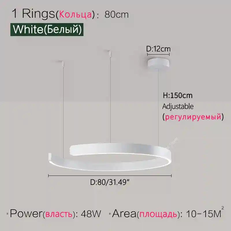Modern 3-Ring LED Chandelier - Adjustable Dimmable Black Finish White 80cm Tidesmit