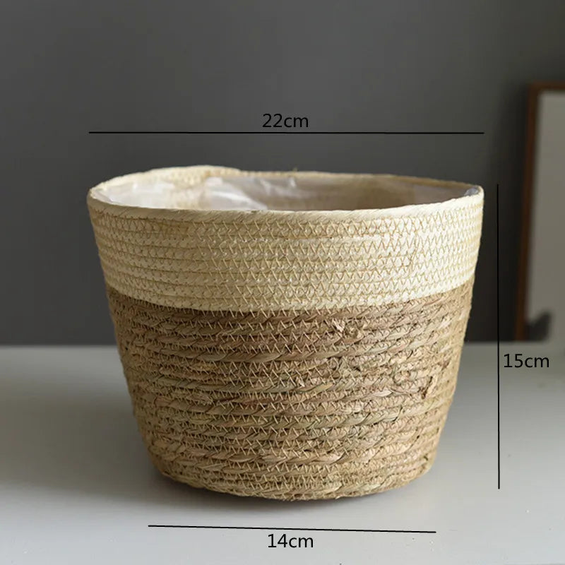 Woven straw planter basket pot with white liner, 22cm wide and 15cm high
