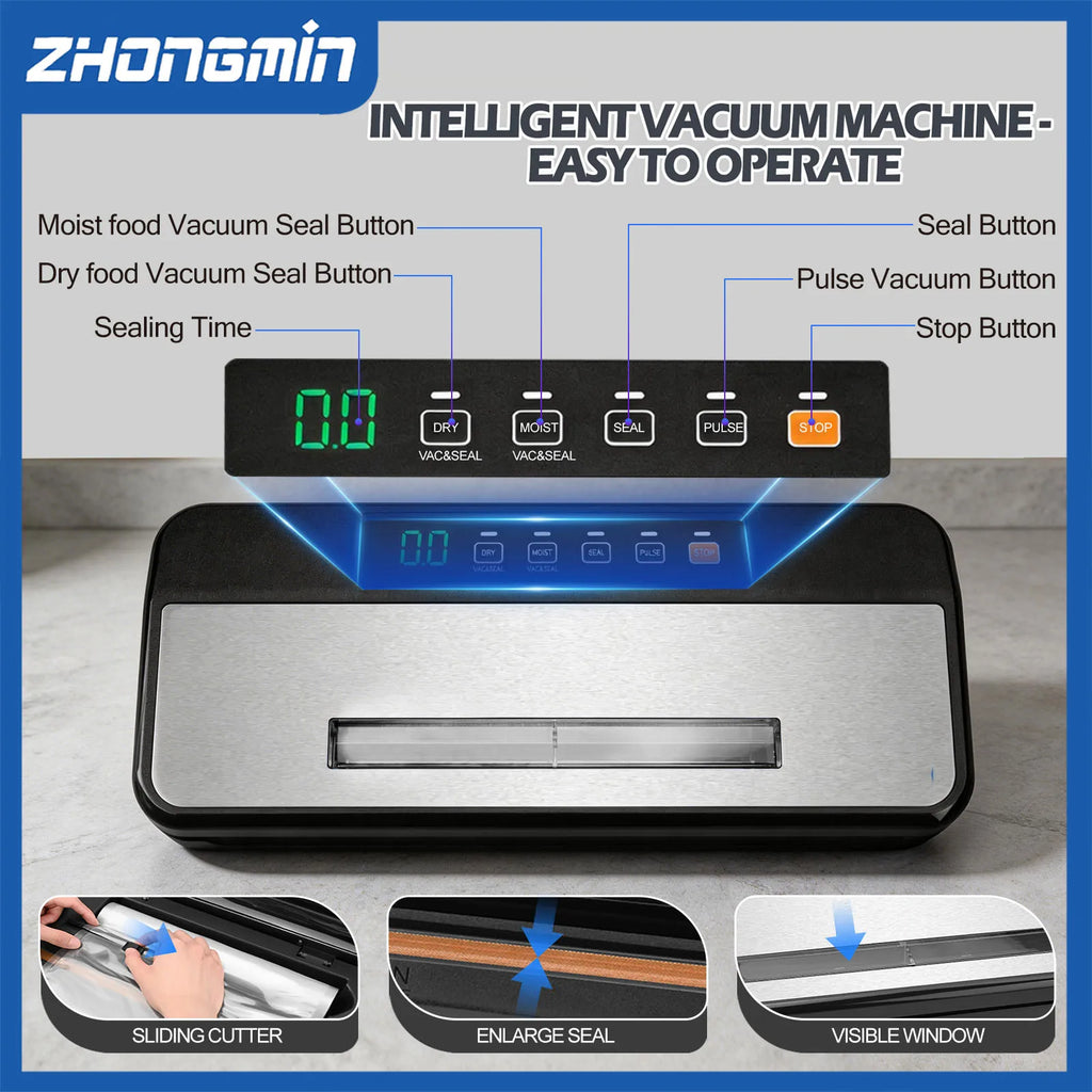 ZHONGMIN Multifunctional Vacuum Sealer Machine 110V Automatic Food Sealer with Built-in Cutter 5mm Dual Sealing Strong Suction