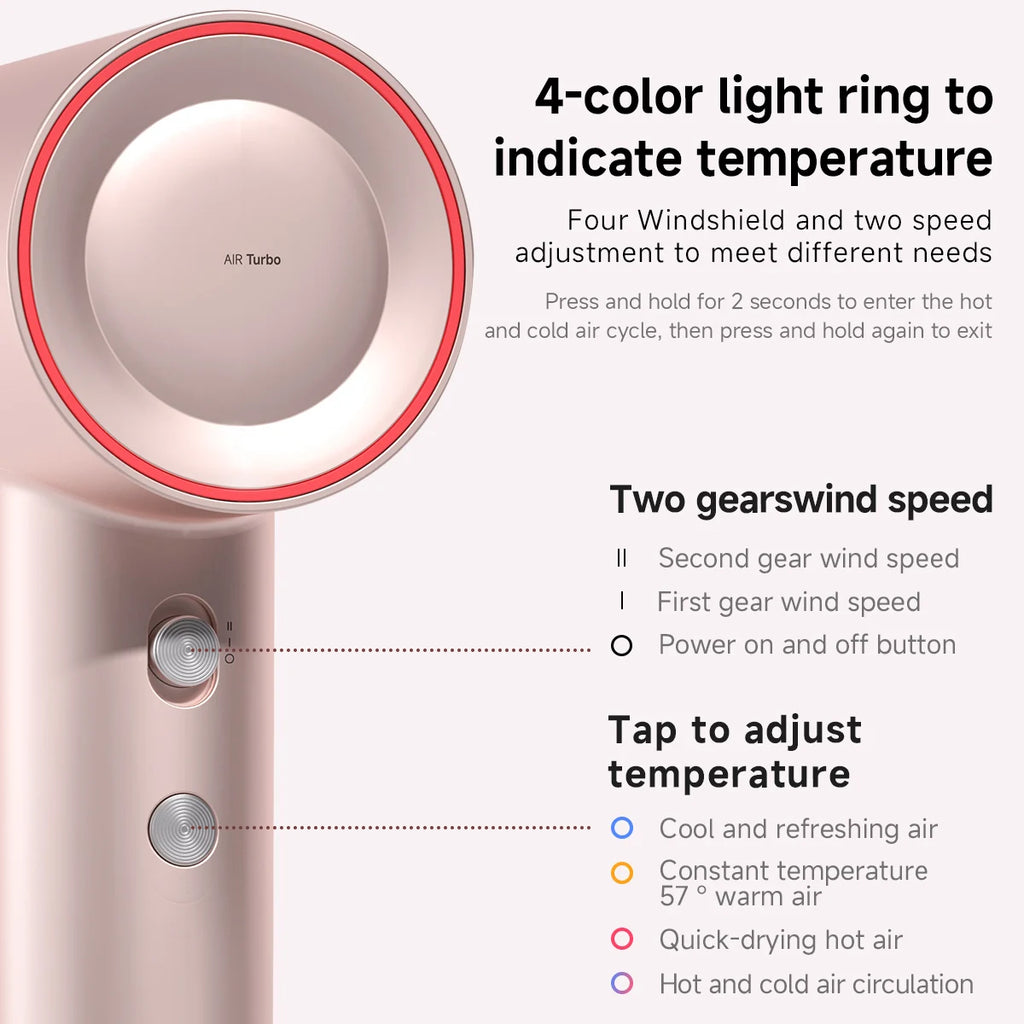 Pink DOCO high-speed hair dryer with 4-color temperature light ring and adjustable speed settings for professional hair.