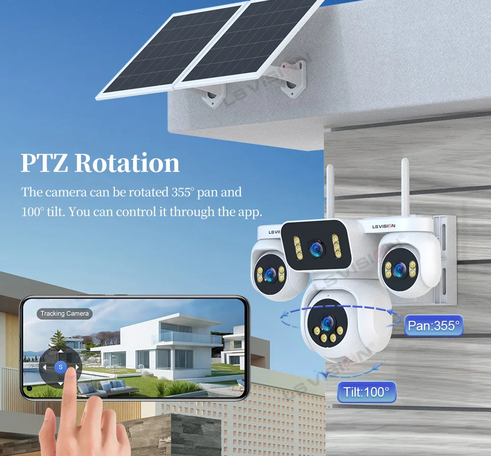 LS VISION 20MP Four Screens Solar Security Camera Outdoor 12X Zoom 4-Lens 4G Sim Ai Tracking Waterproof CCTV 24/7 Recording AOV