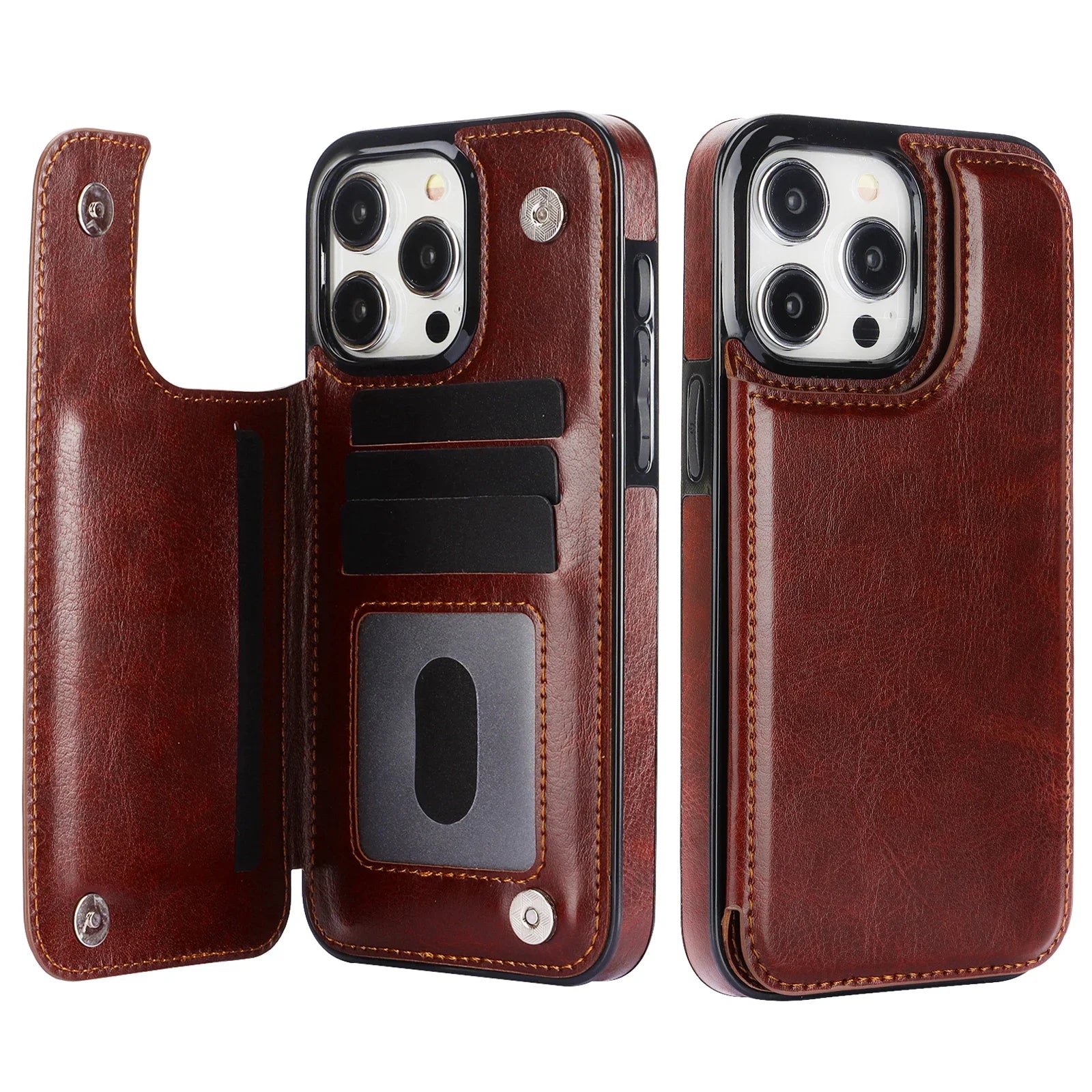 iPhone 16 Leather Wallet Case With Card Stand - Slim Shock-Absorbing Cover Brown Tidesmit