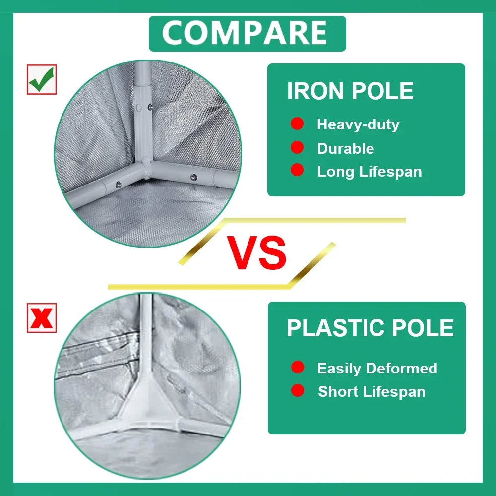 Comparison graphic showing iron pole vs plastic pole durability for grow tent frame
