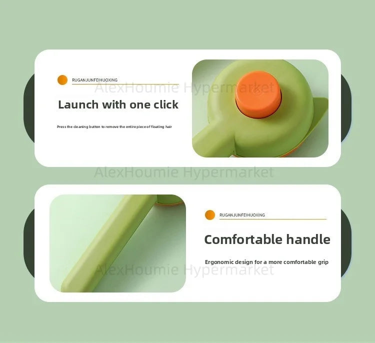 Green self-cleaning cat grooming brush with ergonomic handle and one-click hair removal button for cats and kittens.