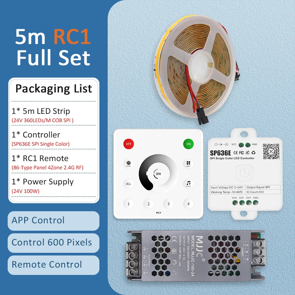 5m COB LED strip kit with RC1 controller, remote, and power supply