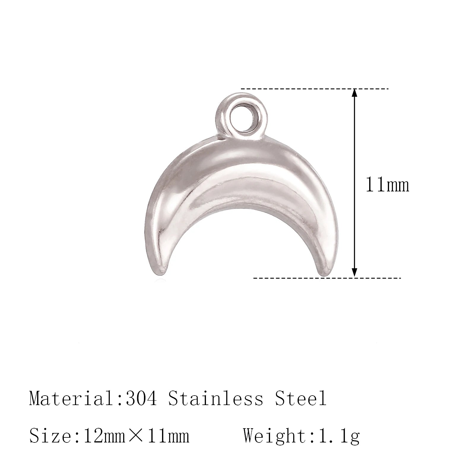 Silver moon pendant charm for pet collars or jewelry, 11mm 304 stainless steel, perfect for DIY pet accessories.