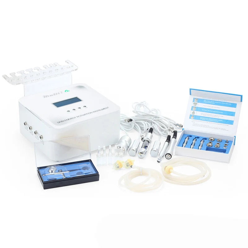 7-in-1 multifunctional hydro ultrasonic RF facial machine with microcurrent, microdermabrasion probes, and accessories.