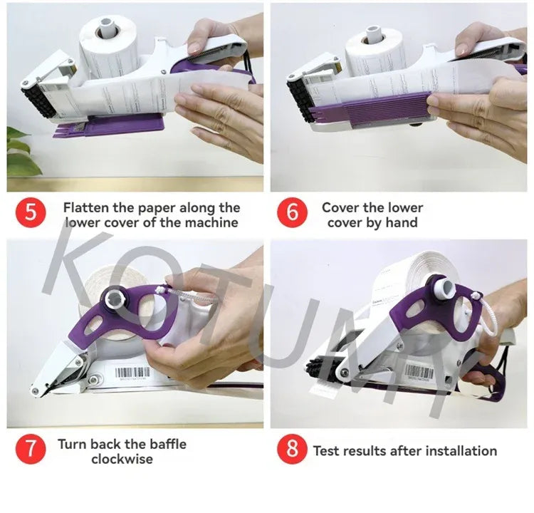 Handheld barcode label applicator with purple label feed roller and hand grip