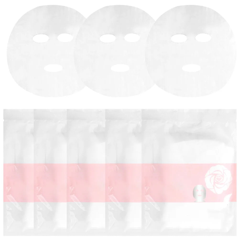 Three translucent, round, disposable DIY facial mask sheets alongside five sealed white packets with pink rose branding.