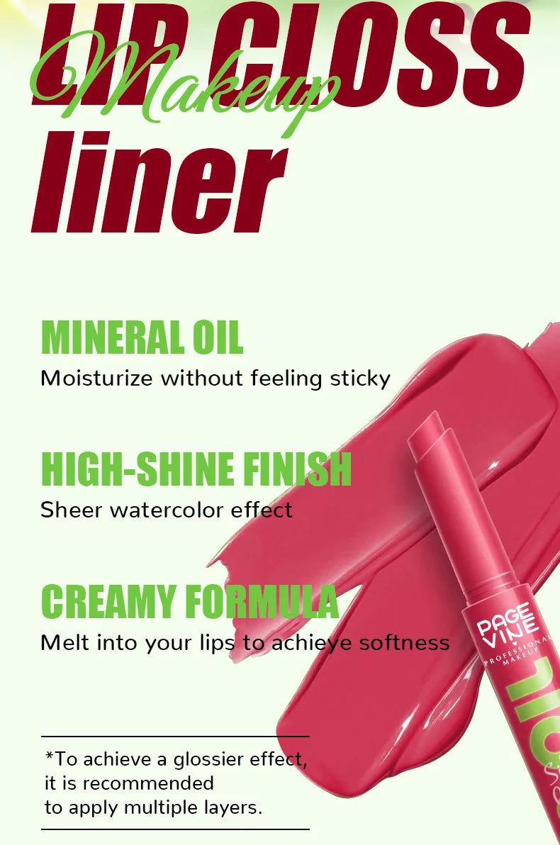 Page Vine moisturizing click-pen lip glaze in a vibrant pink, featuring a creamy, high-shine, non-sticky finish.