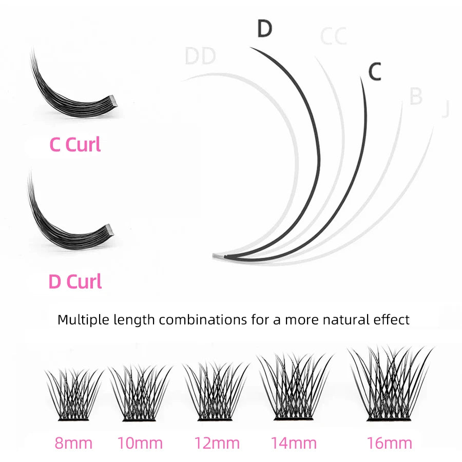 Lash chart showing C and D curl shapes, side profiles, and 8mm–16mm segmented lash cluster lengths for natural looks.