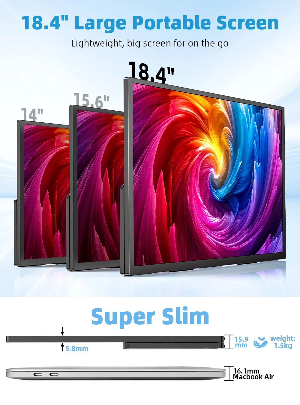 UPERFECT 18.4'' 4K Portable Monitor QLED 100% DCI-P3 UHD FreeSync HDR 2 Speakers Eye Care Travel Gaming Display For PC Phone