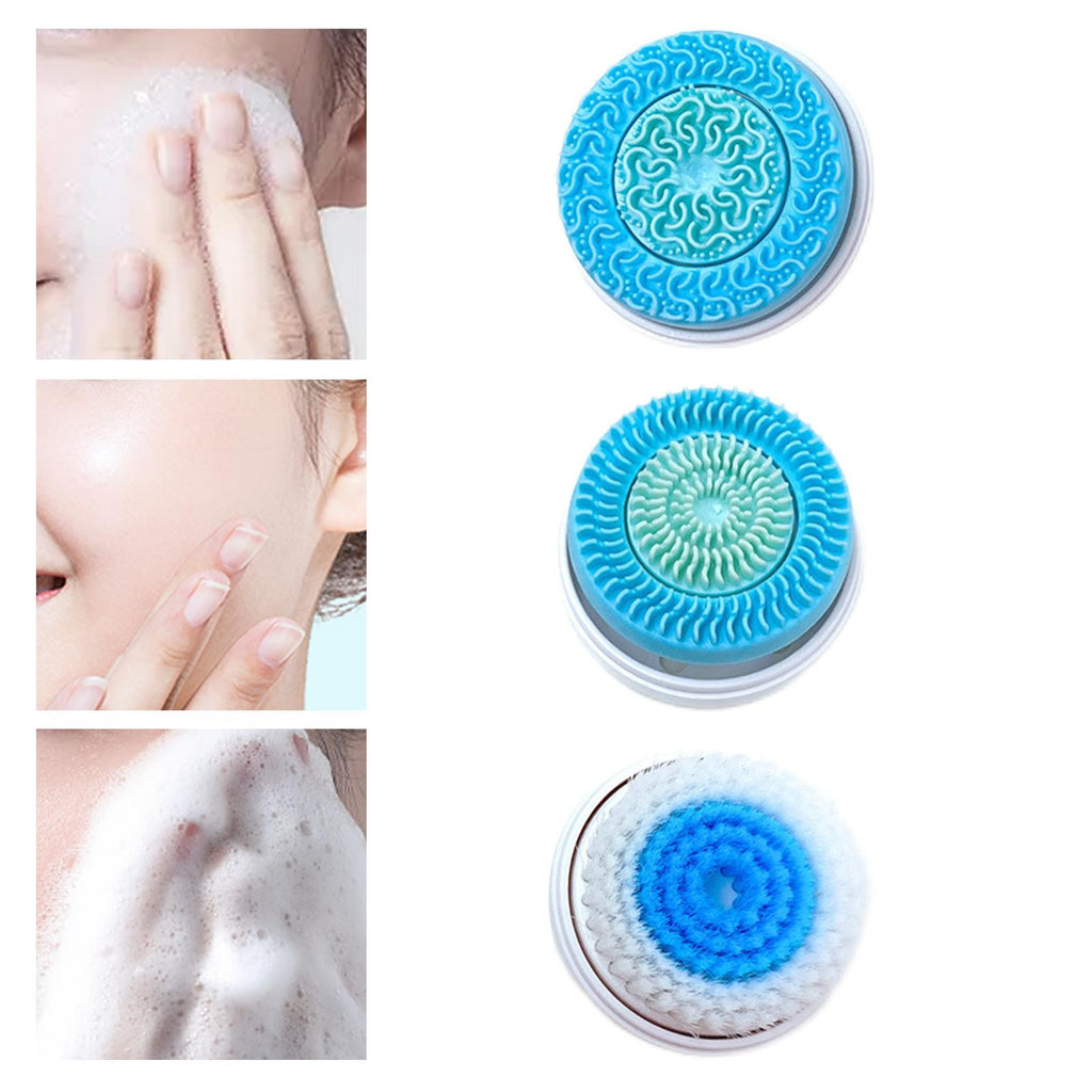 Three circular facial cleansing brush heads: two silicone textured heads and one soft-bristled brush, shown with skin.