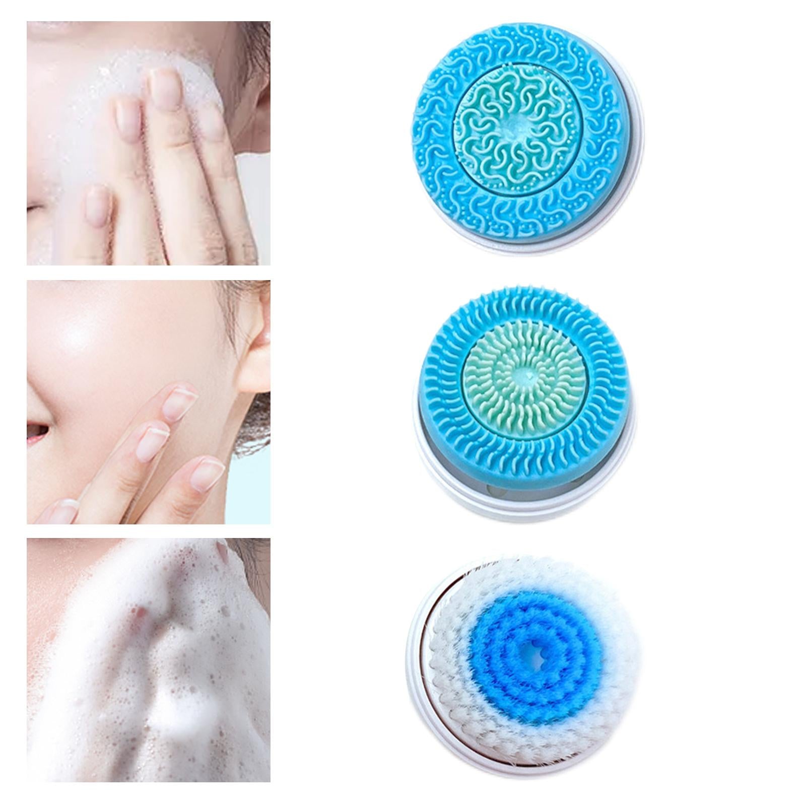 Three circular facial cleansing brush heads: two silicone textured heads and one soft-bristled brush, shown with skin.