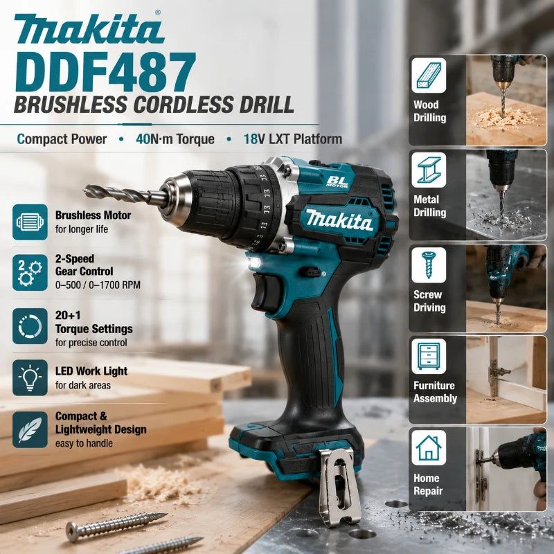 Original Makita 18V Cordless Drill Brushless High Torque Electric Drill DDF487 + Battery Pack BL1860B BL1840 DIY Professional Tool EU Fast Shipping