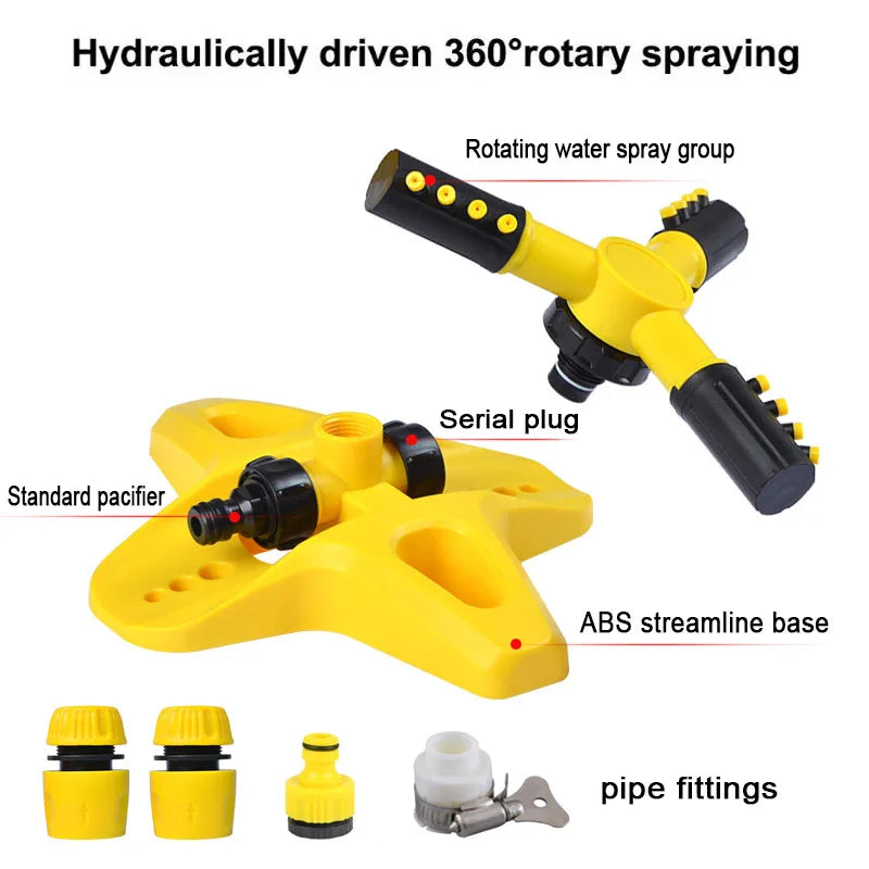 Yellow 360 rotary garden sprinkler with rotating spray group, serial plug, and pipe fittings