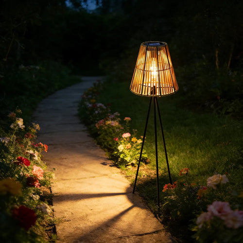 A handmade rattan solar floor lamp with tripod legs glows softly beside a garden path at dusk.