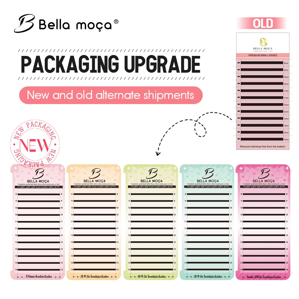 Comparison image showing Bella Moça eyelash extension packaging upgrade from old white trays to colorful new trays.