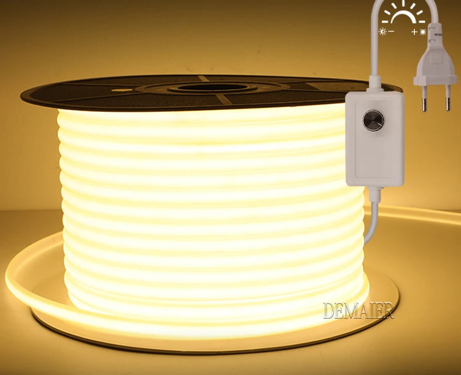220V COB LED Strip with Switch /Dimmable Waterproof 360LED Strip EU Plug for Outdoor Indoor Room Backlight Garden Kitchen TV