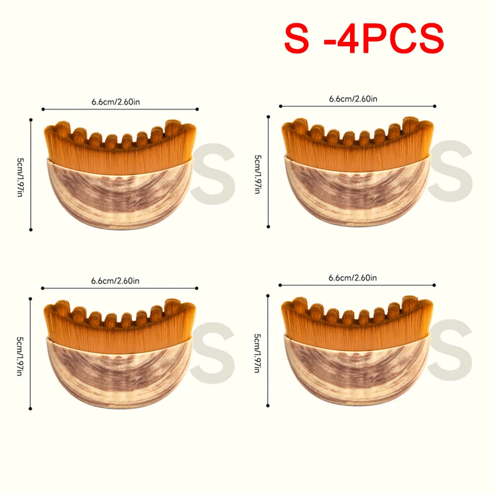 Four small, arched, light brown wood-grain face brushes with thick, dense brown bristles, labeled with size dimensions.