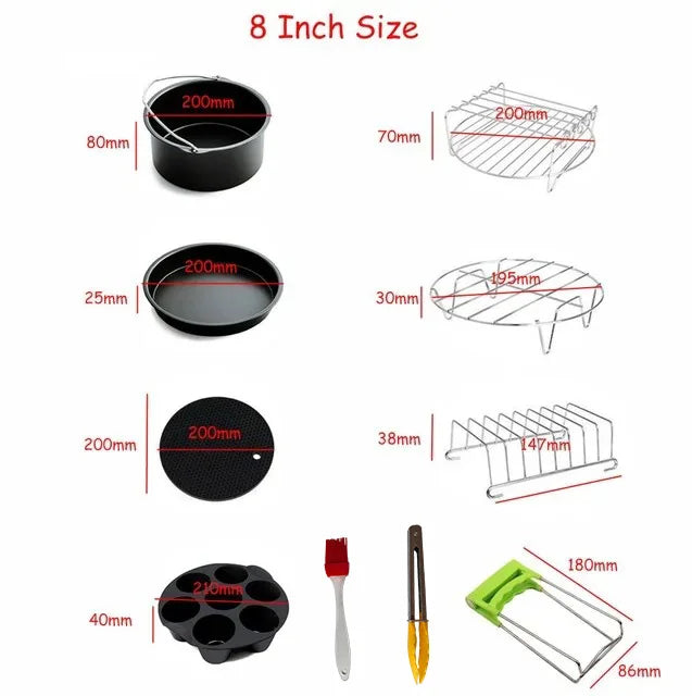8-inch air fryer accessory size chart with round pan, rack, and lifting tray