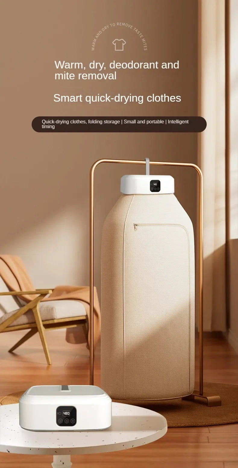 Tidesmit portable electric clothes dryer featuring remote control and timing settings in a compact folded design