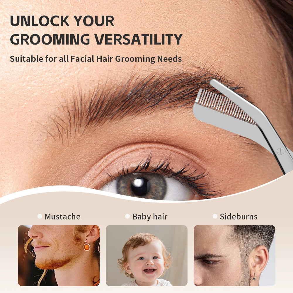 Professional stainless steel eyebrow trimmer scissors with integrated comb for precise facial hair grooming and shaping.