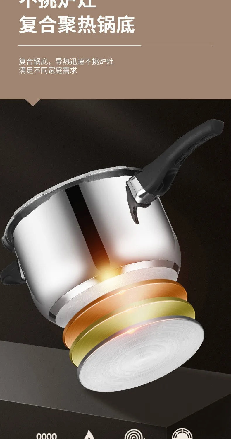 Stainless steel pressure cooker pot with black handle and red-topped pressure valve