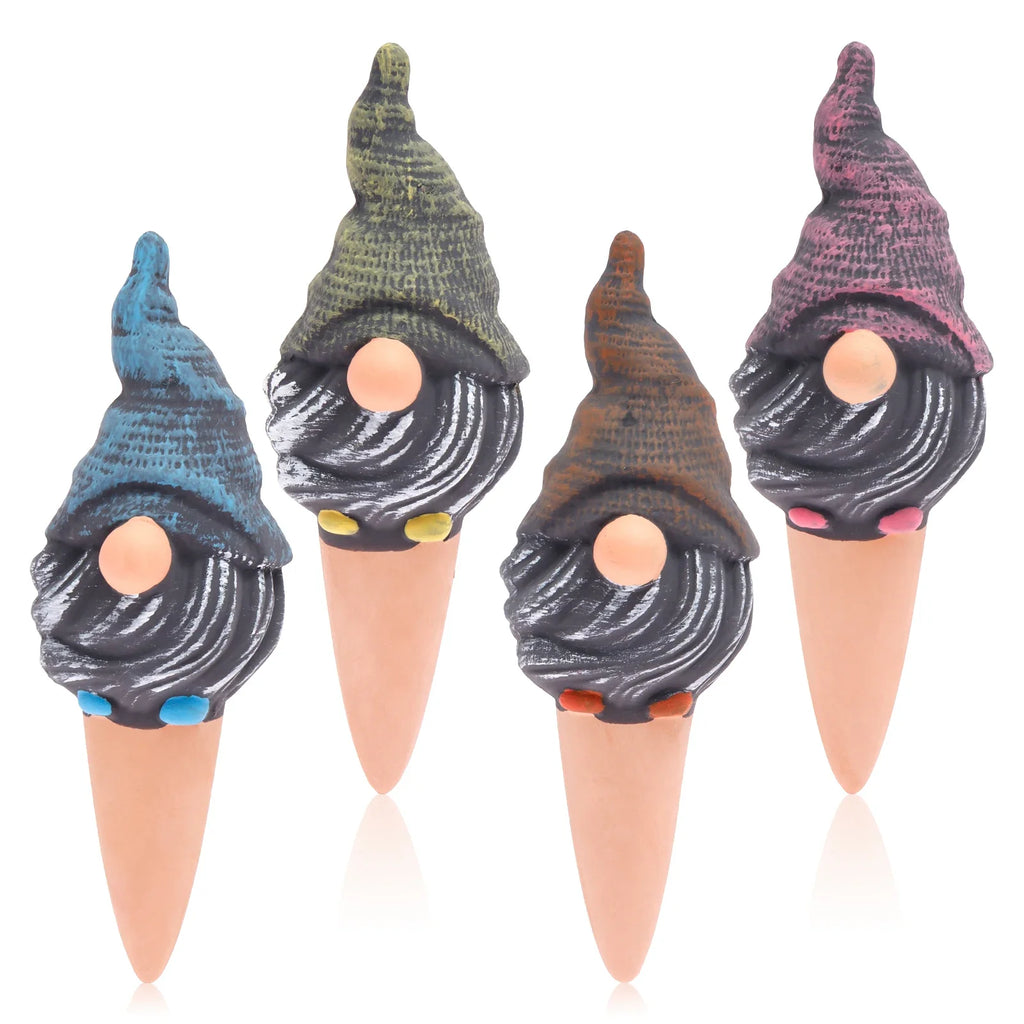 Set of four self-watering globe spike bulbs in blue, green, brown, and pink