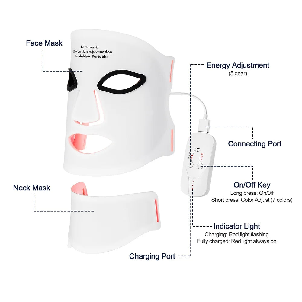White silicone LED face and neck mask set for skin therapy, featuring a handheld controller with labeled features.