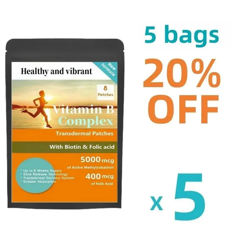 Vitamin B Complex Patches 8 Week Supply, Contains All 8 B Vitamins In Vitamins B1, B2, B3, B5, B6, B12, Biotin & Folic Acid