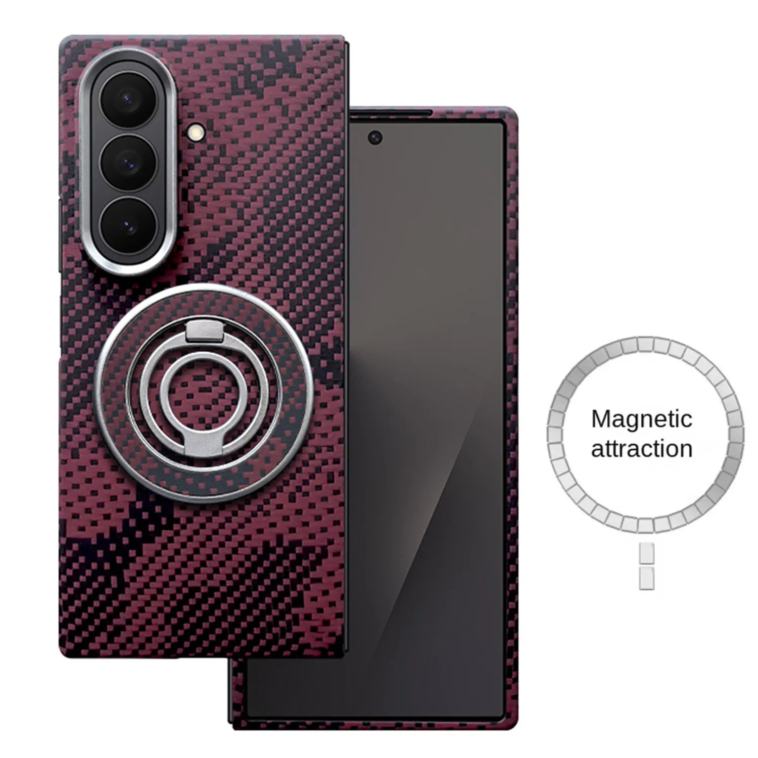 Burgundy carbon fiber phone case with integrated magnetic ring stand for Galaxy Z Fold, showing front and back views.