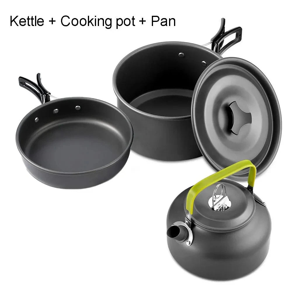 Aluminum alloy camping cookware set: kettle, cooking pot, and pan with green carry handle