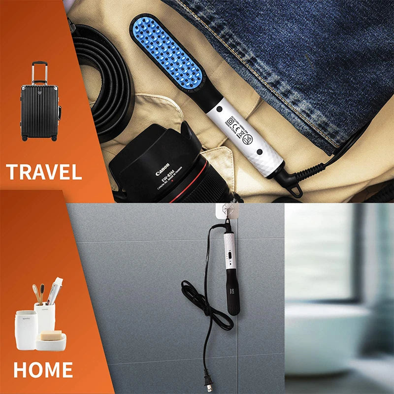 Portable white and black mini heated beard straightener comb with blue heat bristles for travel and home use.