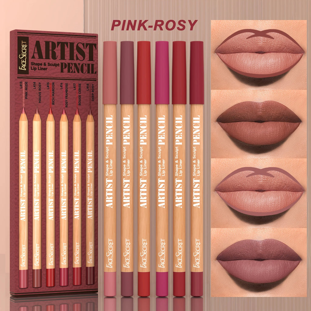 6pcs matte lip liner set in pink-rosy shades with velvety, waterproof finish for long-lasting, defined lip makeup.