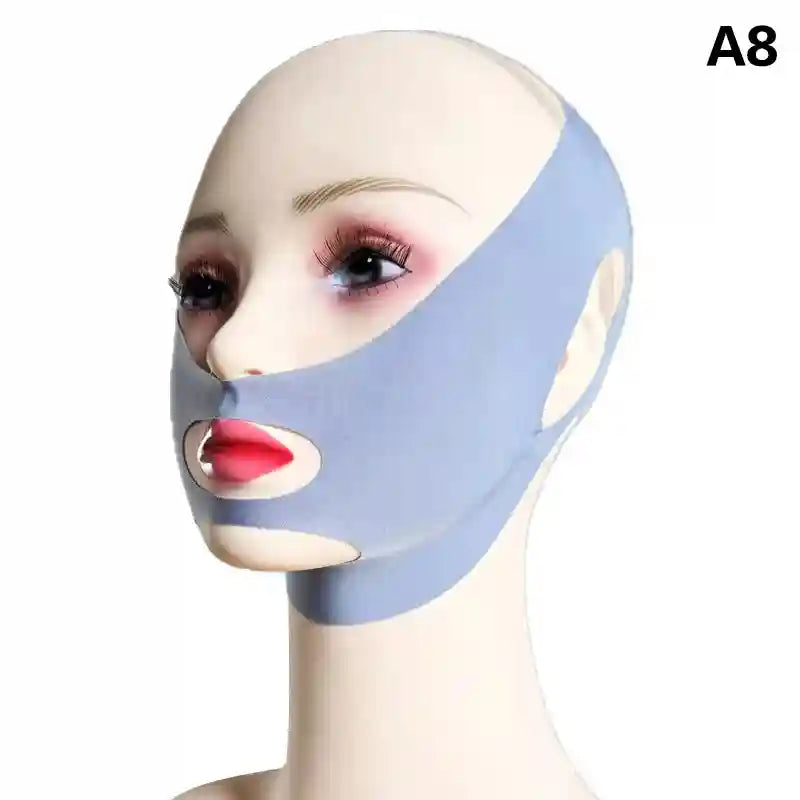 A light blue V-line facial slimming mask on a mannequin head, featuring cutouts for the ears, mouth, and nose.