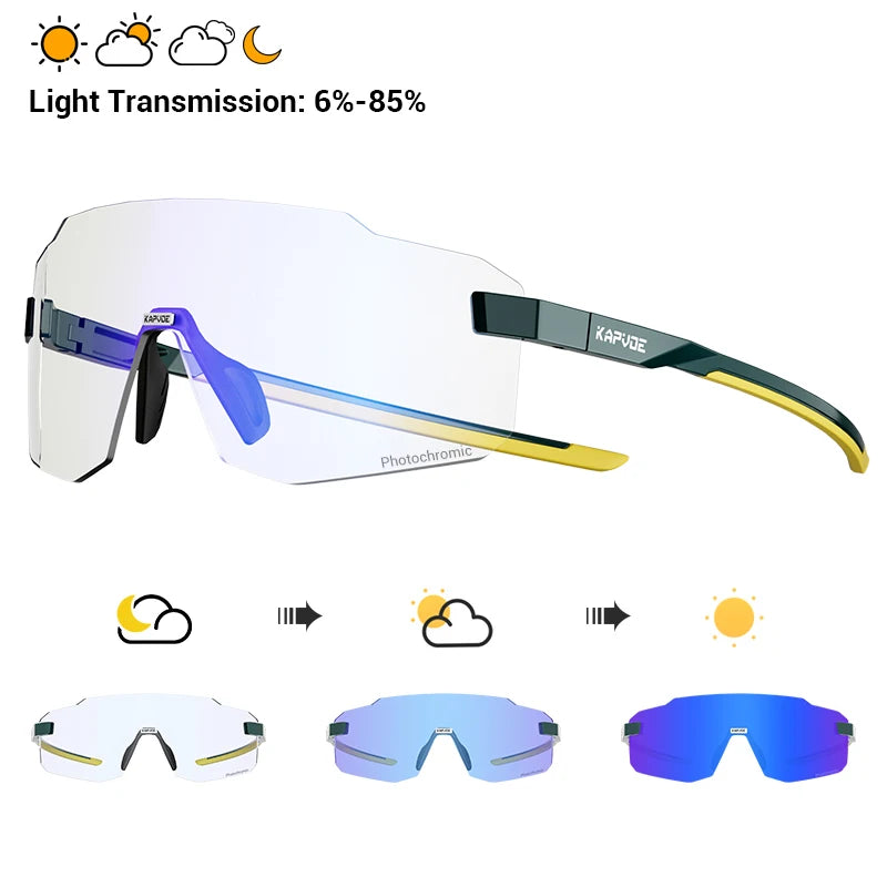 Sport cycling sunglasses with blue mirrored photochromic lenses and white frame