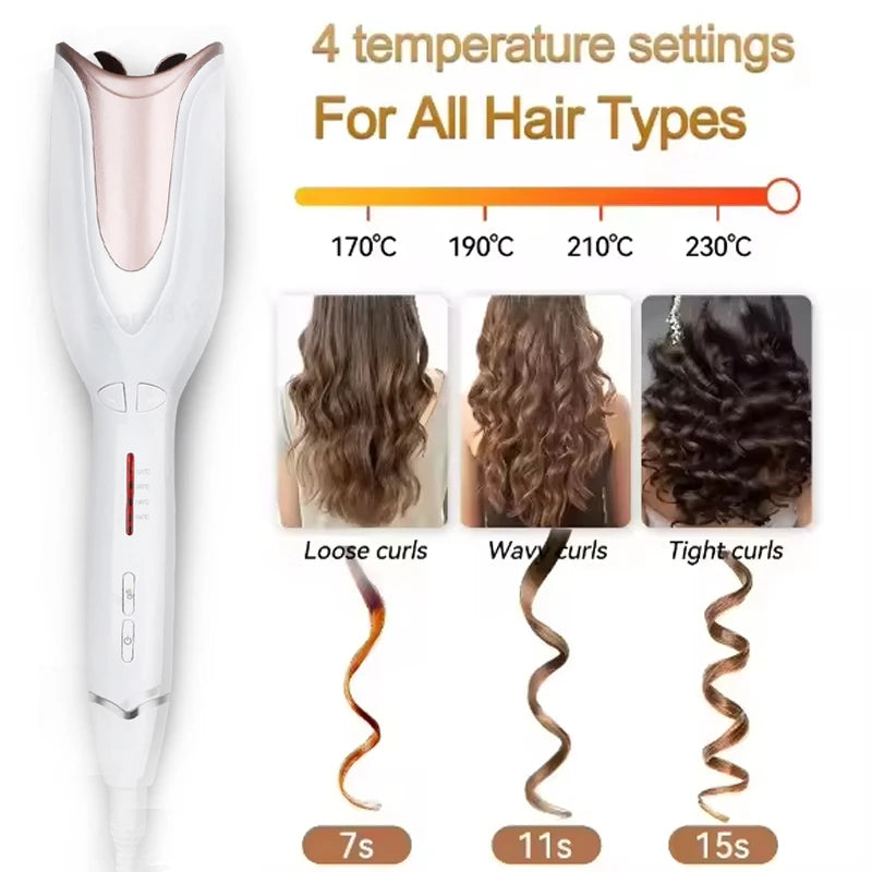 White and rose gold automatic hair curler with 4 temperature settings for loose, wavy, or tight professional curls.