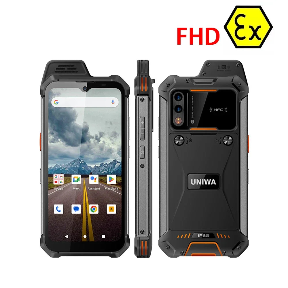 UNIWA W999 ATEX rugged smartphone, black and orange. Front, side, and back views showing camera, NFC, and IP68 design.