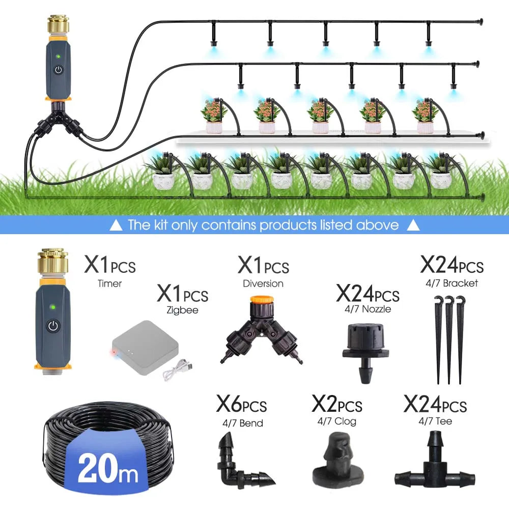 20m Zigbee drip irrigation kit with tubing runs, connectors, and multiple drip emitters