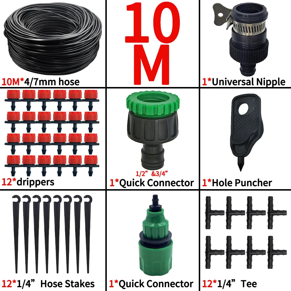 10m micro drip watering kit components: black hose, connectors, drippers, stakes, tees