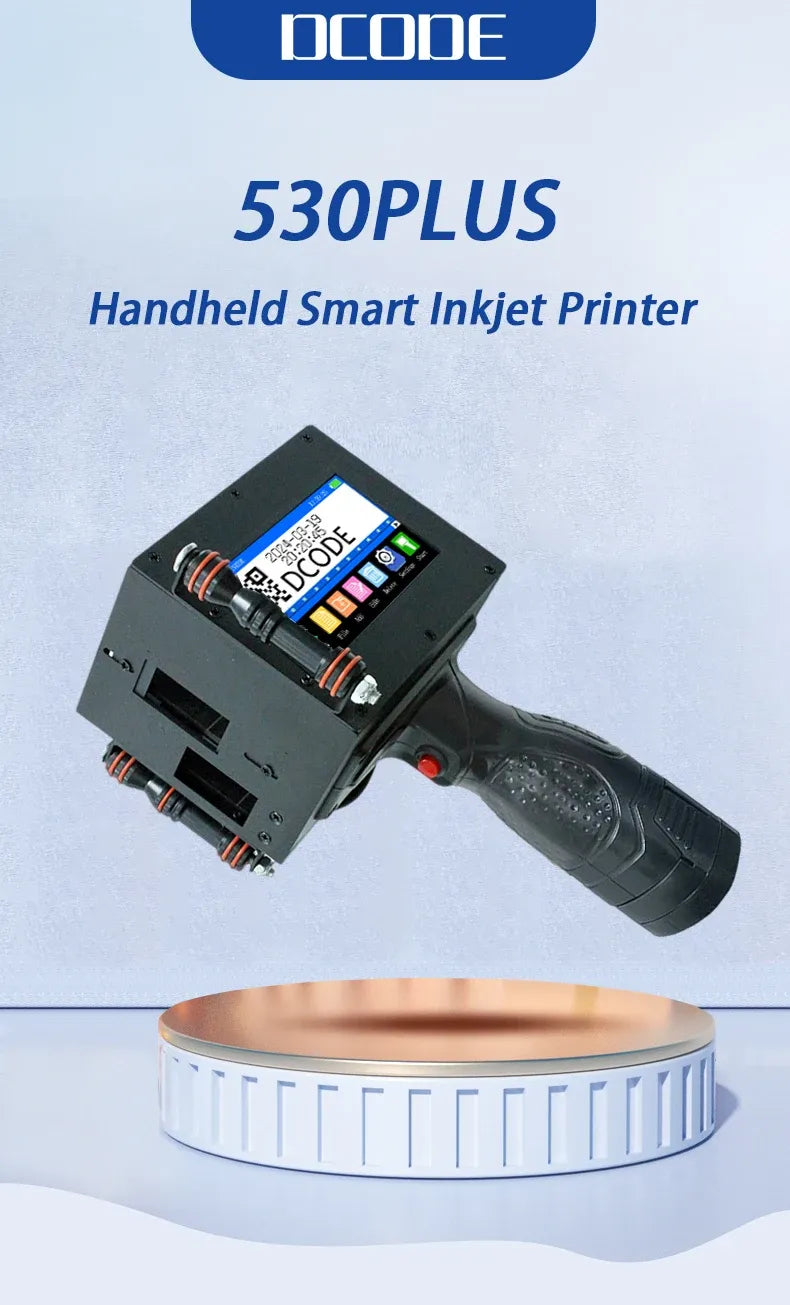 Handheld smart inkjet printer with color touchscreen and ergonomic black grip handle