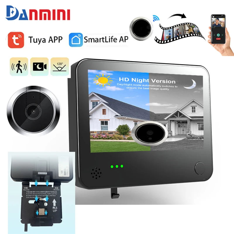 DANMINI 4.3'' Smart Door Peephole Camera WiFi Tuya Human Detection 6000mAh 120° 2KHD  3MP IPS HD Screen Remote Video Eye