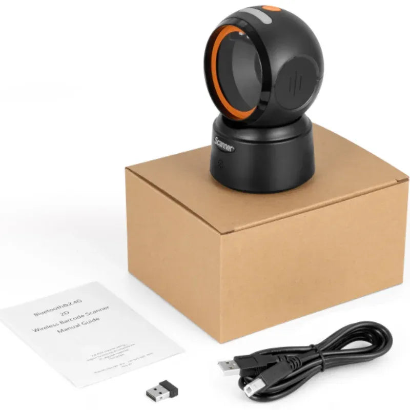 Black wired desktop QR and barcode scanner with USB cable and user manual
