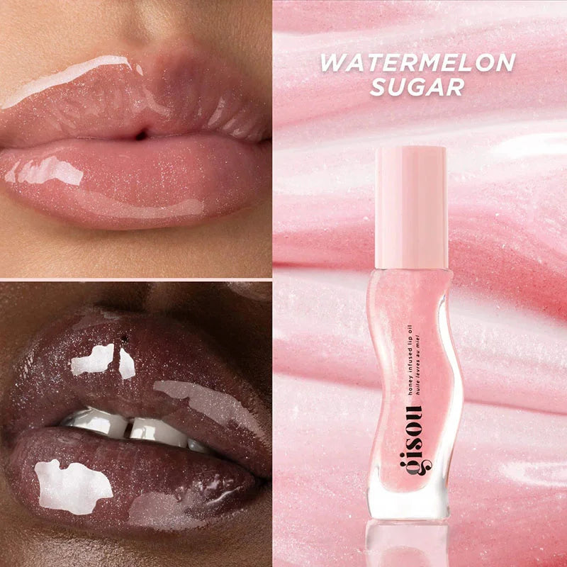 Gisou Watermelon Sugar honey infused lip oil in a shiny, hydrating, plumping gloss formula for glossy, plum-toned lips.